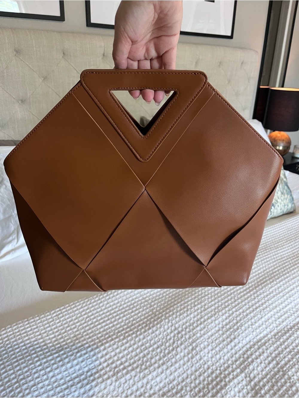 Structured Brown Leather Tote Bag with Geometric Handle